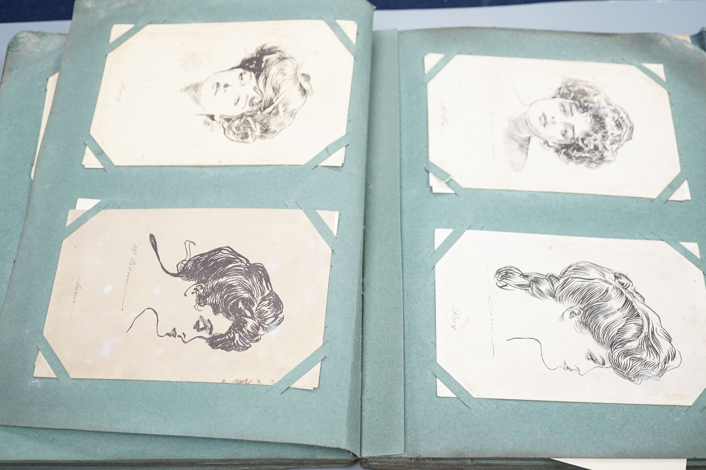 An album of Edwardian and later postcards and etchings including C Dana Gibson, pictorial Comedy, romantic etc